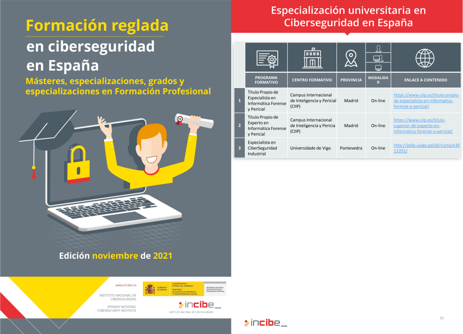 El INCIBE cataloga el Ttulo propio de Experto en Informtica Forense y Pericial del CIIP, cubierta y pgina 15