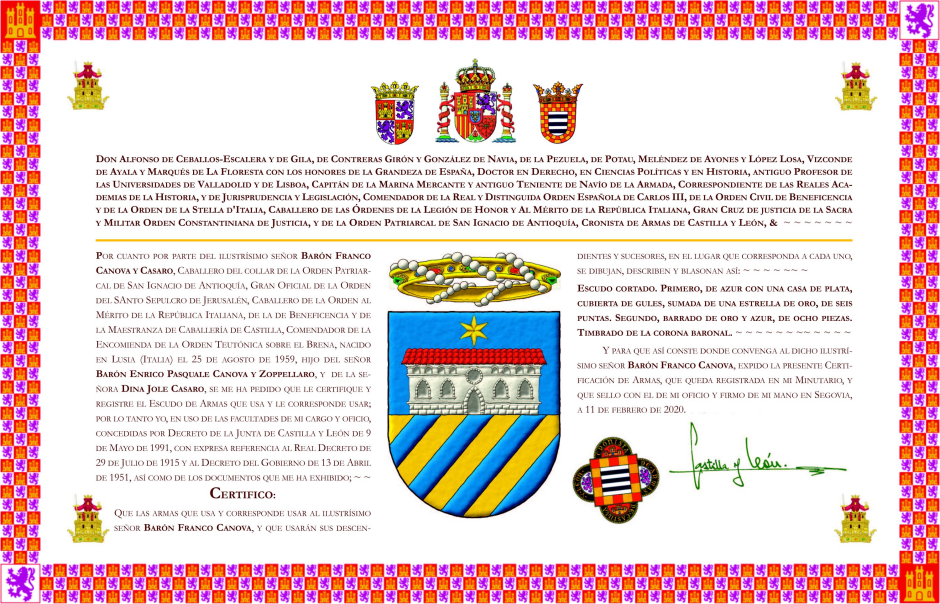 Certificación de armas para Franco Canova y Casaro