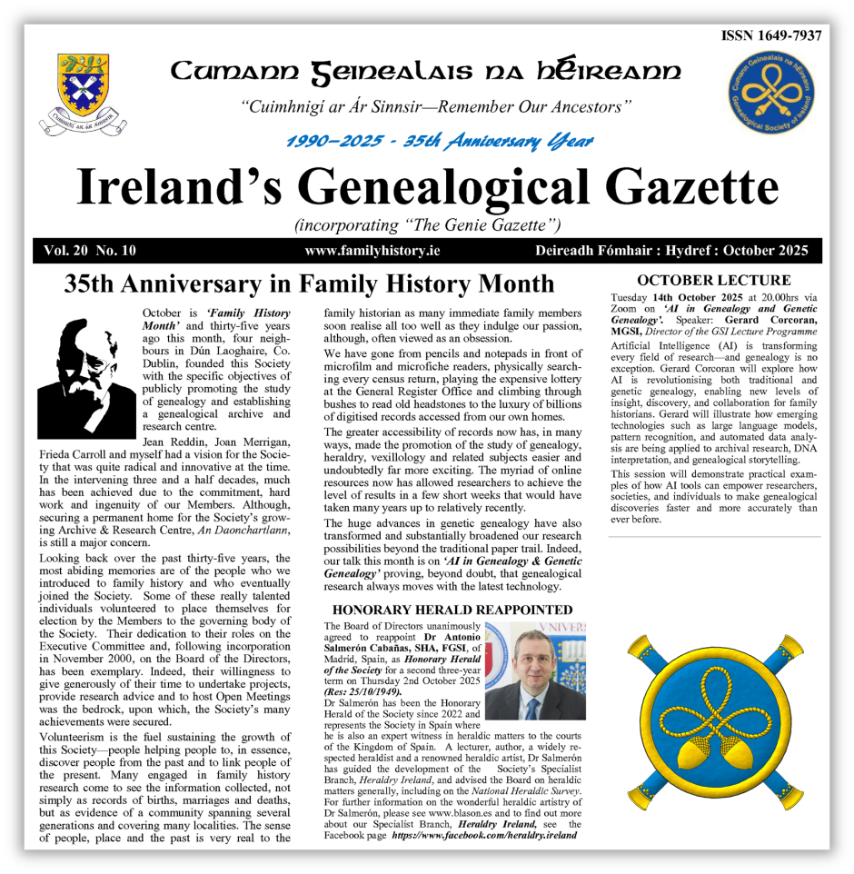 Edicin de octubre de la Irelands Genealogical Gazette