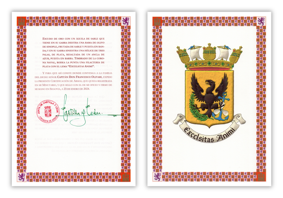 Certificación de armas para el capitán don Francisco Olivari