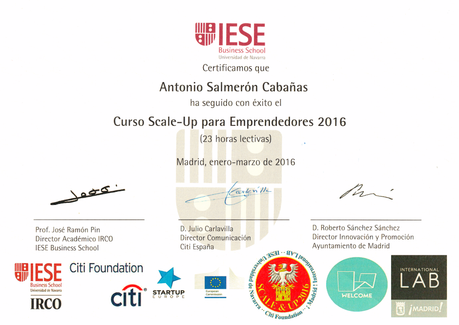 Certificado del curso Scale-Up para Emprendedores 2016
