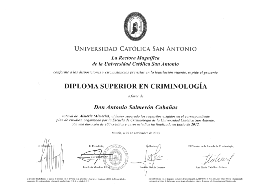 Diplomado en Criminología, Universidad Católica San Antonio